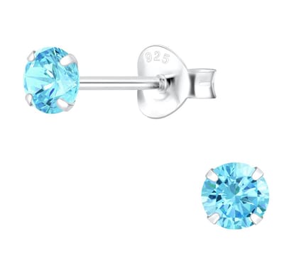 Joy|S - Zilveren oorbellen - 4 mm - aqua turquoise blauw - ronde oorknoppen - zirkonia
