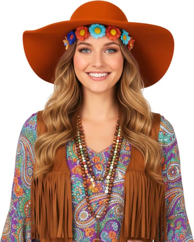 Hippie Flaphoed – Oranje – Jaren 70 - Hippie & Flower Power - Unisex - Maat 59