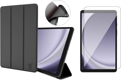 Hoes en Screenprotector geschikt voor Samsung Galaxy Tab A9 / Tab A11 – Smart Cover met Tri-Fold Stand – Schokbestendig – Auto Wake/Sleep – TPU Backcase – Zwart