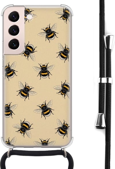 Hoesje met koord - Geschikt voor Samsung Galaxy S22 - Bijen print - Verstelbaar zwart koord - Crossbody - Print / Illustratie - Zwart, Transparant - Leuke Telefoonhoesjes