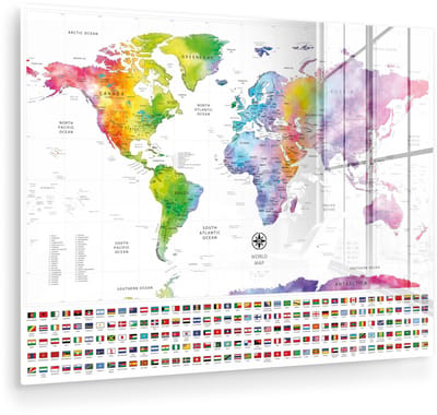 ® Glasschilderij 120x90 cm - Schilderij acrylglas - Wereldkaart - Waterverf - Regenboog - Vlag - Foto op glas - Muurdecoratie woonkamer - Wanddecoratie slaapkamer - Schilderijen