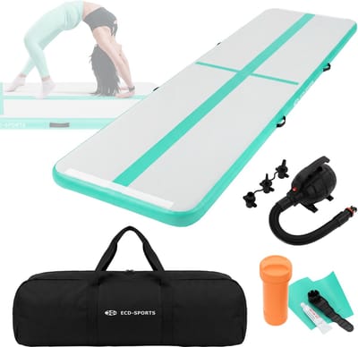 ECD Germany airtrack opblaasbare gymnastiekmat 4m mintgroen 10cm dik turnmat tumbling fitness yoga inclusief elektrische luchtpomp draagtas antislip duurzaam binnen buiten trainingsmat yogamat sportmat pilatesmat gymnastiekbaan cheerleading airtrack