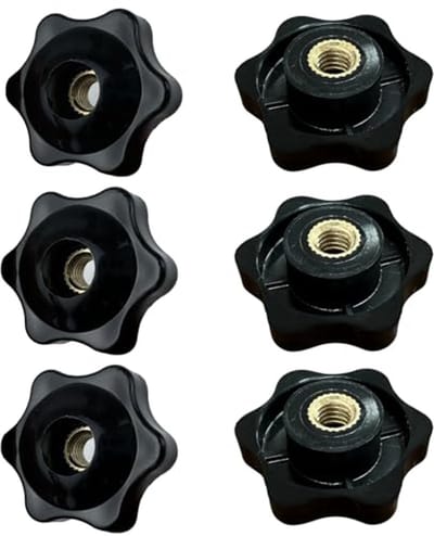 6 stuks M6 gekartelde knop, zwarte schroef-op type sterknop doorlopende schroefdraad knop klemmoeren hardware moeren duimmoeren 6-stervorm handvaste klemknoppen voor machinevergrendeling