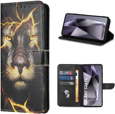 Multimedia & Accessoires Lederen Book Case Hoesje geschikt voor Samsung Galaxy S24 FE – Leeuwprint – Zwart -Telefoonhoesje – Met Stand – Kaarthouder – Pasjes Houder – Magneet Sluiting – Bookcase