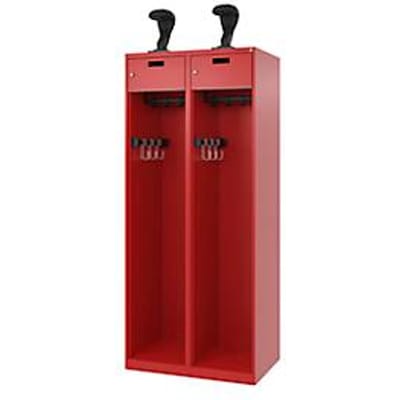 Brandweerkluis C+P Evolo PRAKTUS, 2 vakken, helmhouder, met sokkel, vloerglijders, B 800 x D 500 x H 1850 mm, RAL 3000 vuurrood