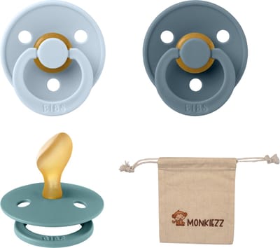 Bibs Dental fopspenen Anatomical 6-18 maanden- Set 3 stuks- Baby Blue, Petrol, Island Sea+ Monkiezz speenzakje - orthodontisch- Anatomisch- Maat 2