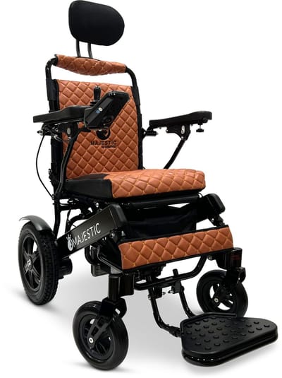 COMFYGO IQ-9000 AR Elektrische rolstoel, lichtgewicht, draadloze afstandsbediening, tot 30km, handmatig inklapbaar met Automatisch achterover leunen, Zwart frame & Taba leer textiel, Zitbreedte 45cm