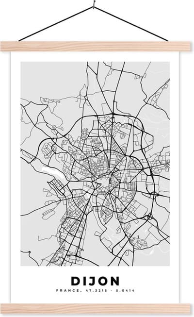 Posterhanger incl. Poster 40x60 cm - Schoolplaat - Plattegrond - Kaart - Stadskaart - Frankrijk - Dijon - Textielposter - Blanke latten - Stadskaart