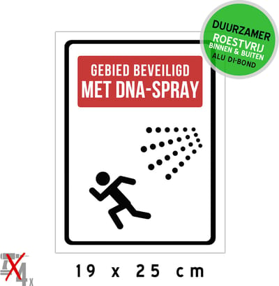 Pictogram/ bord Dibond | "Gebied beveiligd met DNA-spray" | 19 x 25 cm | Winkeldiefstal | Beveiliging | DNA | Tegen diefstal | Winkelbeveiliging | Overval | Misdaad | Dieven afschrikken | Roestvrij | 1 stuk