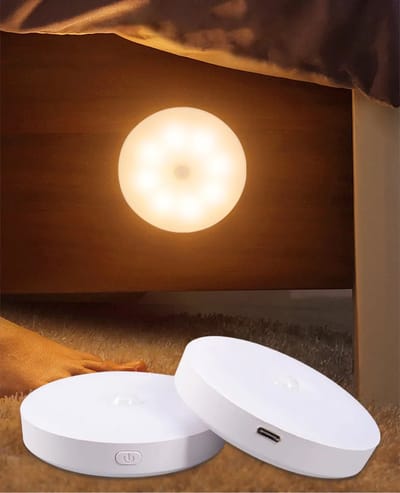 Twee LED-nachtlampjes met bewegingssensor, dimbaar, USB-C-interface, drie kleurtemperaturen, draadloze kastverlichting, geschikt voor trappen, gangen, keukens en kledingkasten.