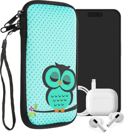 kwmobile hoesje voor smartphones XXL - 7" - hoes van Neopreen - Slapende Uil design - turquoise / bruin / mintgroen - binnenmaat 17,7 x 8,5 cm