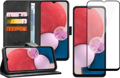 Hoesje geschikt voor Samsung Galaxy A13 4G - Book Case Kunstleer Wallet Cover Portemonnee Pasjeshouder Hoes Zwart - Full Tempered Glass Screenprotector