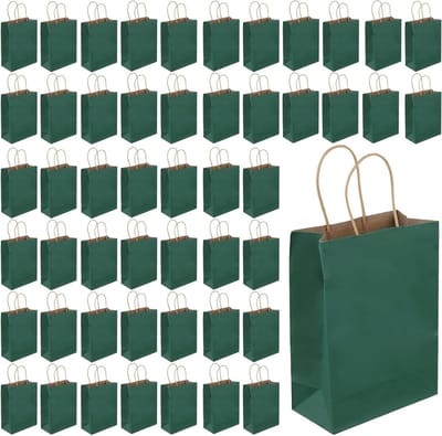 50 stuks donkergroene kraftpapier feestgeschenkzakken met handgrepen voor snoep, Kerst en Halloween (16 x 22 x 8 cm)