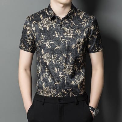 Chemise décontractée en soie de mûrier fine imprimée à manches courtes pour homme 4XL gray