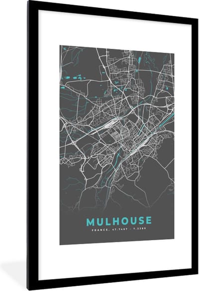 Fotolijst incl. Poster - Mulhouse - Frankrijk - Kaart - Plattegrond - Stadskaart - 80x120 cm - Posterlijst