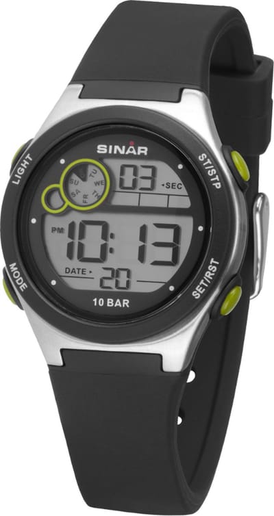 Sinar - Horloge Kind - Kinderhorloge Jongen - Tiener - 10 bar Waterdicht - Ø 34mm - Digitaal - Stevig Siliconen bandje - Verstelbaar (13.5-19cm) - Alarm - Stopwatch - Timer - EL-licht - Edelstalen Sluiting - Quartz uurwerk - Zwart / Zilver - XF 68-1