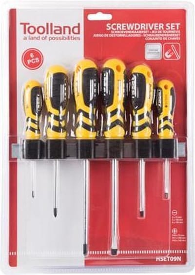 Toolland Schroevendraaierset, 6-delig, chroom-vanadium, magnetische punt, soft touch handvat, wandmontage