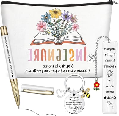 Verrassingscadeau voor Leraren | Make-up Tas voor Vrouwen + Sleutelhanger + Metalen Boekenlegger + Gelpen met Inscriptie | Bedankje voor Leraren, Perfect voor het Einde van het Schooljaar, One Size
