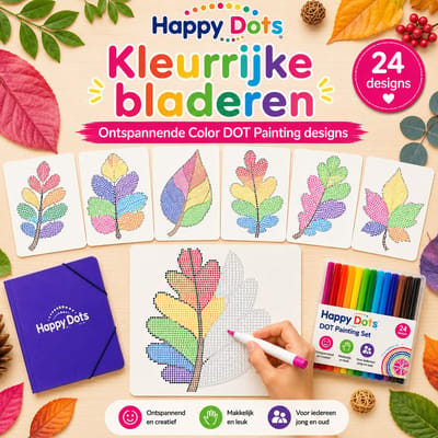 HappyDots Color DOT Painting set Kleurrijke bladeren A4 - 24 designs + stiften set + opbergmap