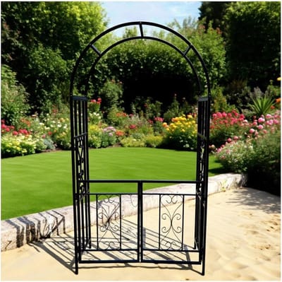 Tuinboog met Poort - Metalen Prieel - Klimplanten Ondersteunen - Weerbestendig Staal - 114 x 21 m - Zwart