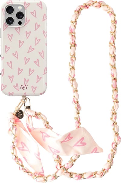 AVY Hoesje Met Telefoonkoord | Geschikt voor Apple iPhone 16 Pro Max | Compatibel met MagSafe & Qi2 | Hard Shell Back Cover | Stijlvol Bijpassend Koord Crossbody (120CM) | Cupid Blush