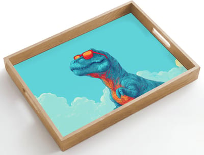 Dienblad hout 50x35 cm - Schootdienblad - T-Rex - Blauw - Wolken - Zonnebril - Borrelplank rechthoek - Plateau dienbladen
