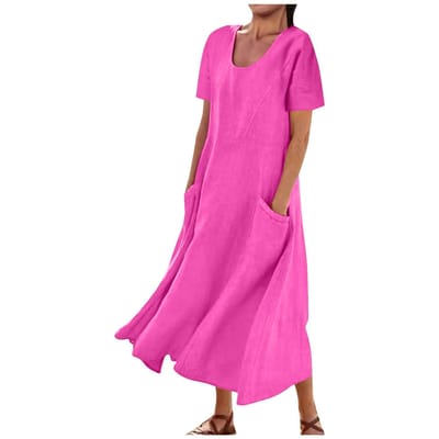 Dameskleding, Dames Effen Kleur Katoen Linnen Ronde Hals Korte Mouw Lange Losse Zwaaijurk L pink