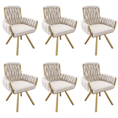 YEHTOKHOME Fluwelen Eetkamerstoelen- Draaistoel met armleuningen - Fauteuil - Make-upstoel - Velvet stoel voor woonkamer, eetkamer, slaapkamer - Gouden metalen poten - 360° graden draaibaar - Set van 6 - Beige