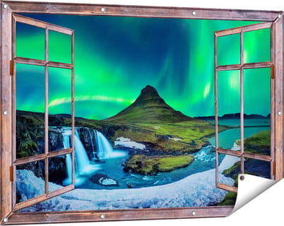 Gards Tuinposter Doorkijk Noorderlicht bij de Watervallen in IJsland - 120x80 cm - Tuindoek - Tuindecoratie - Wanddecoratie buiten - Tuinschilderij