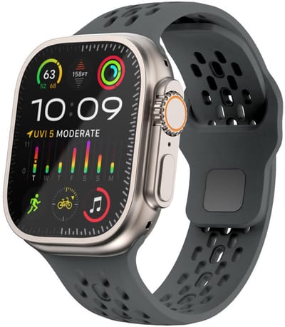 Siliconen bandje - geschikt voor Apple Watch 1/2/3/4/5/6/7/8/9/10/11/ SE (1,2,3) met maat 38 mm / 40 mm / 41 mm en 42 mm (Watch 10/11) - gaatjes met druksluiting - donkergrijs