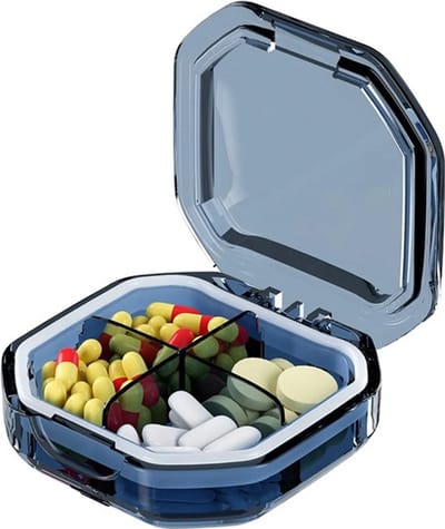 2 stuks draagbare kleine medicijndoos pilopslagdoos pilverdeler waterdicht, 4 compartimenten (blauw)