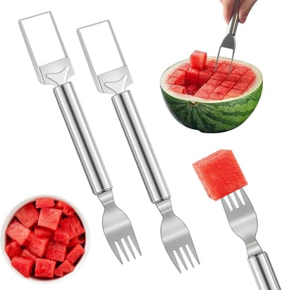 Set van 2 - Roestvrijstalen watermeloensnijvork - Fruitvork - Fruitsnijder - Fruitsnijder - 2-in-1 fruitgereedschap - Handig voor zowel snijden als serveren - Ideaal voor kamperen en dagelijks gebruik in de keuken - Lengte 23,9 cm - Zilver