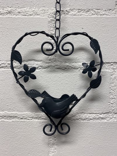 Deco-hanger met theelichthouder hart + vogel - grijs - metaal - lengte 50 x 15 x 5 cm - Woonaccessoires - Decoratieve hangers