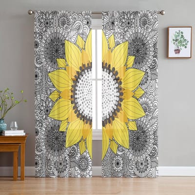 Zonnebloem Boheemse Mandala Zwart Wit Transparante Gordijnen voor Woonkamer Decoratie Raamgordijnen Keuken Tule Voile Gordijnen W135 x H115cm x1 yellow