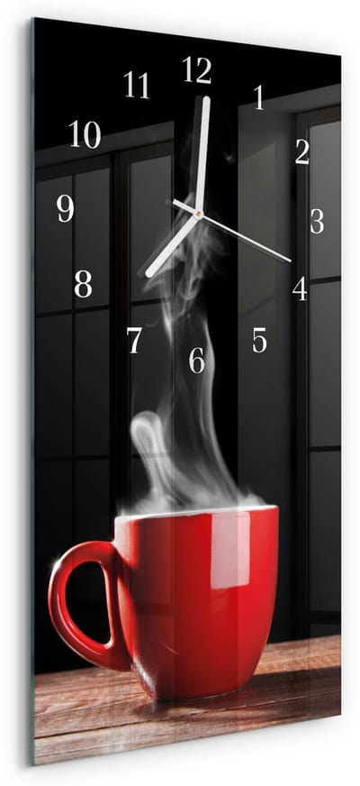 Tulup Wandklok - Kopje koffie Decoratieve Glazen Klok - 30x60 cm - Rood Glazen Wandklok Design - Witte Handen - Rechthoekige Wandklok - Klok Glas Met Opdruk - Moderne Wandklok Glas