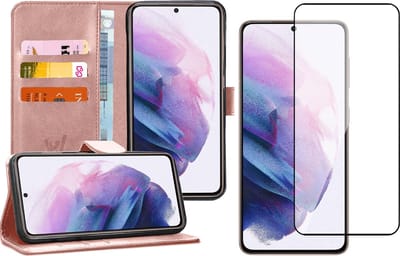 Hoesje geschikt voor Samsung Galaxy S21 FE - Book Case Kunstleer Wallet Cover Portemonnee Pasjeshouder Hoes Roségoud - Full Tempered Glass Screenprotector