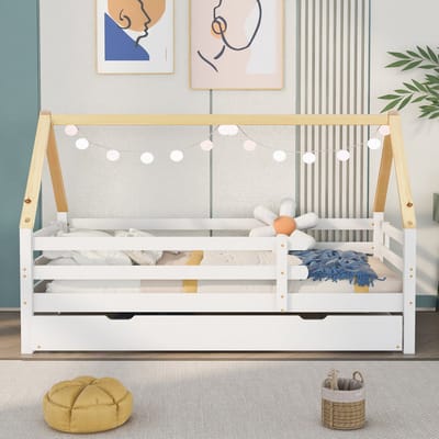 Boomhutbed - Uitschuifbaar Bed Met Wieltjes - Wit En Natuurhout - 90x200 Cm - Voor Kinderen En Logees