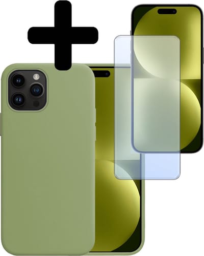 Hoesje - Met Screenprotector - Geschikt voor Apple iPhone 15 Pro - Sterk & Shockproof - Back Cover - Siliconen Case - Telefoon Hoes - Telefoonhoesjes - Groen