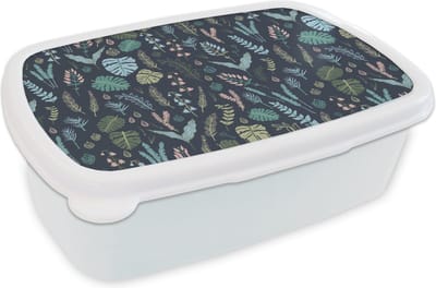 Broodtrommel Wit - Lunchbox - Brooddoos - Patroon - Jungle - Monstera - Bloemen - 18x12x6 cm - Volwassenen