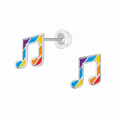 K3 - zilveren oorstekers - muzieknoot - regenboogkleuren - 7mm