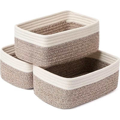 Klein opbergmandje, opbergplank voor in de kledingkast, speelgoedmand, gevlochten touwmand, decoratieve vierkante doos, 11,5 x 7,5 x 4,7 inch, set van 3, wit en bruin.
