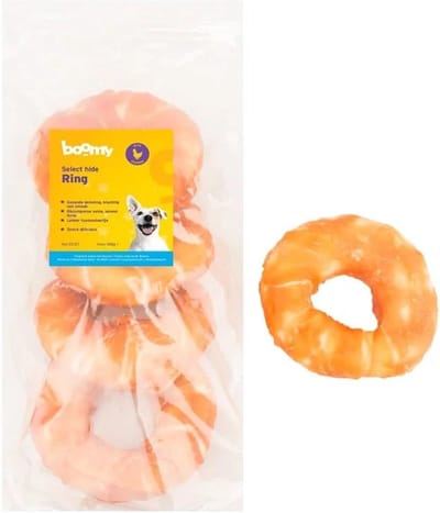 Boomy - Hondensnacks - Hondensnoepjes - Kauwbotten hond - Kauwstaaf hond - Kauwring omhult met kip - 4 stuks van 10cm - 400g