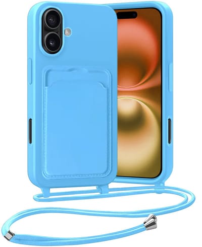 Hoesje Geschikt voor iPhone 16 Plus Hoesje Met Telefoonketting Pasjeshouder Case Koord - Hoesje Geschikt voor iPhone 16 Plus Hoes Met Kaarthouder - Lichtblauw