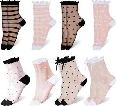 Transparante Sokken - Nylon Sokjes - Zomerse Accessoires - Met Ruches - 8 Paar - Wit Zwart Roze
