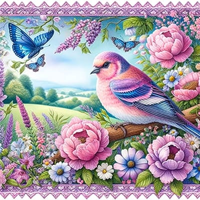 nr 575 Diamond Painting vogeltje bloemen 20x20cm (rond)