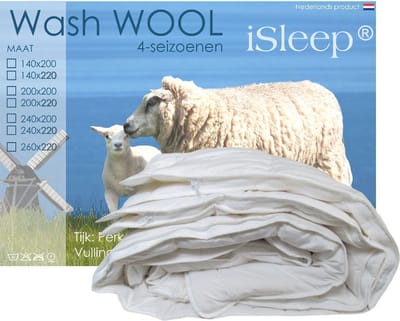 Isleep Wash Wool Dekbed - 4-Seizoenen - 100% Zuiver Scheerwol - Eenpersoons - 140x200 cm - Wasbaar - Met Rits