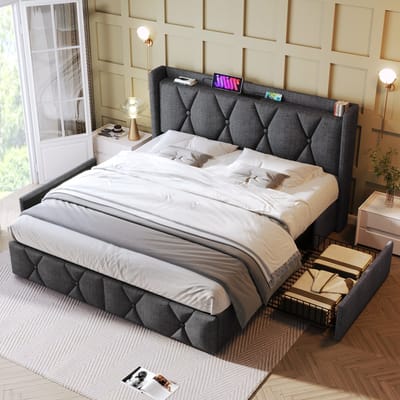 Sweiko Zacht Gewatteerd bed met USB Oplaadfunctie Hoofdeinde en 4-laden, Tweepersoonsbed 140x200cm, opberghoofdeinde, houten frame,Grijs (zonder matras)