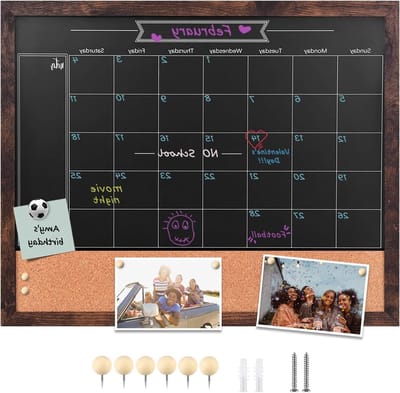 Wipeable krijtbord kalender en prikbord, 45 cm x 55 cm, droogbord met magnetische functie en kunsthouten frame