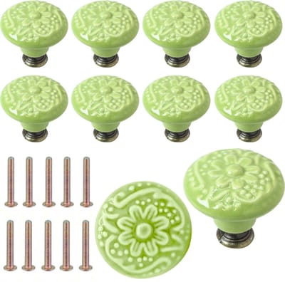 Meubelknoppen Set Limoengroen Keramiek Rond met Bloem - 10x Kastknop met schroef - Vintage/Antiek handgreep voor deur en lade