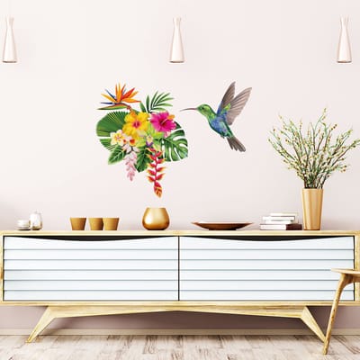 Muurstickers - Tropische bloemen en kolibrie - Transparante achtergrond - 30x35cm